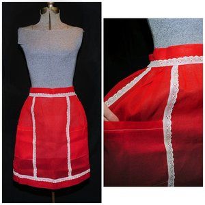 Vintage 50's Bright Red & Ivory Lace Organza Fancy Hostess Half Apron w/ Pockets